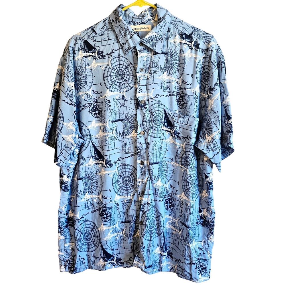 Munsingwear blue nautical marlin fishing button up shirt size large
